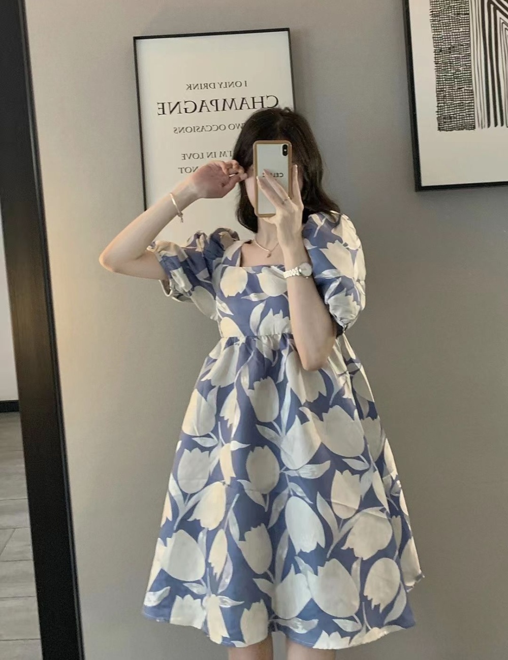 Autumn puff sleeve France style long dress for women