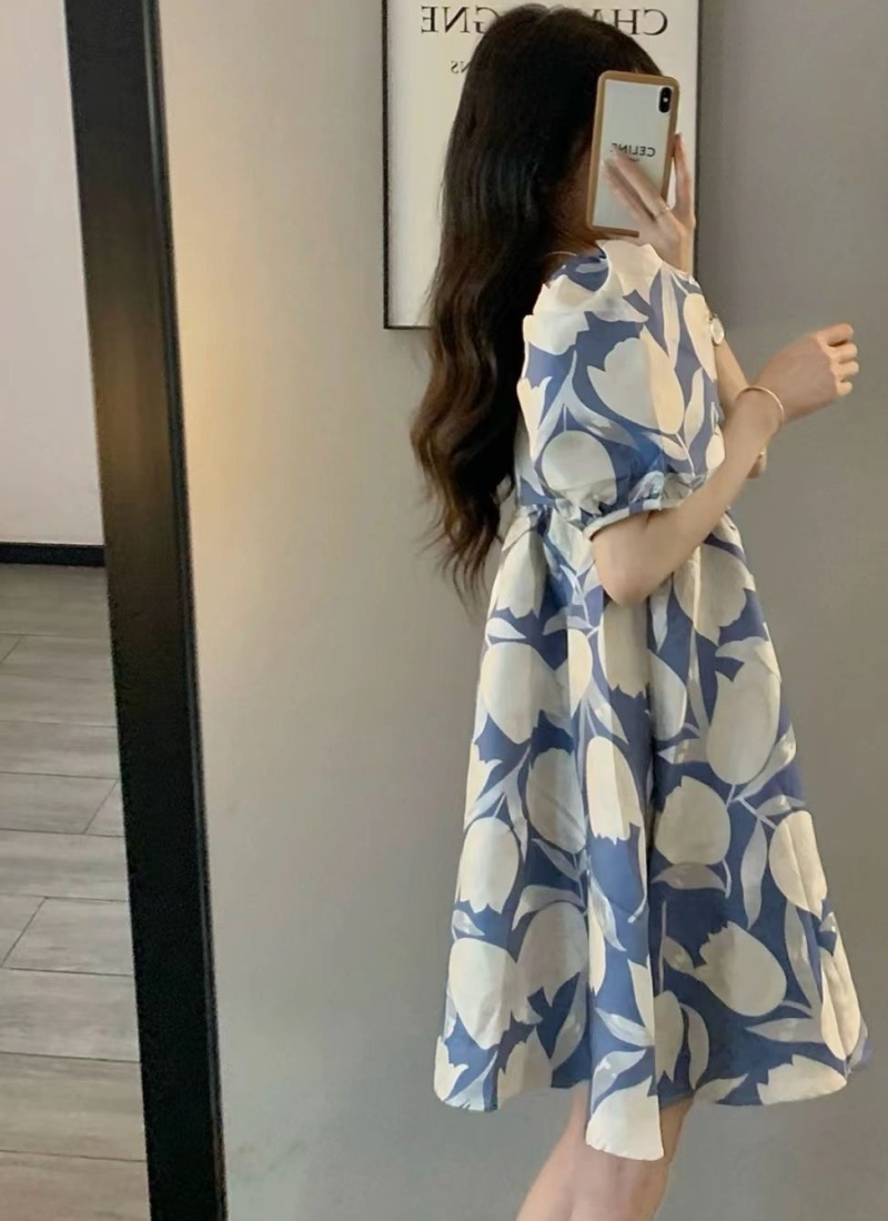 Autumn puff sleeve France style long dress for women