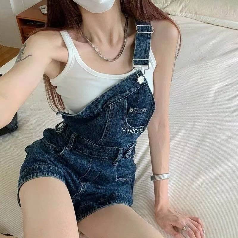 Personality denim shorts conjoined bib pants
