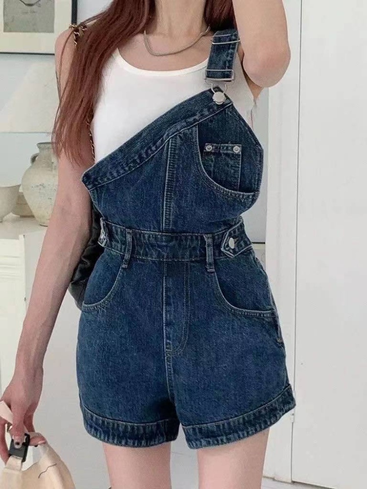 Personality denim shorts conjoined bib pants