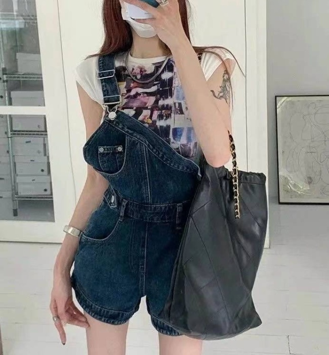 Personality denim shorts conjoined bib pants