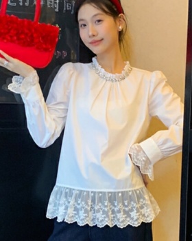 Autumn splice beading tops lace unique shirt for women