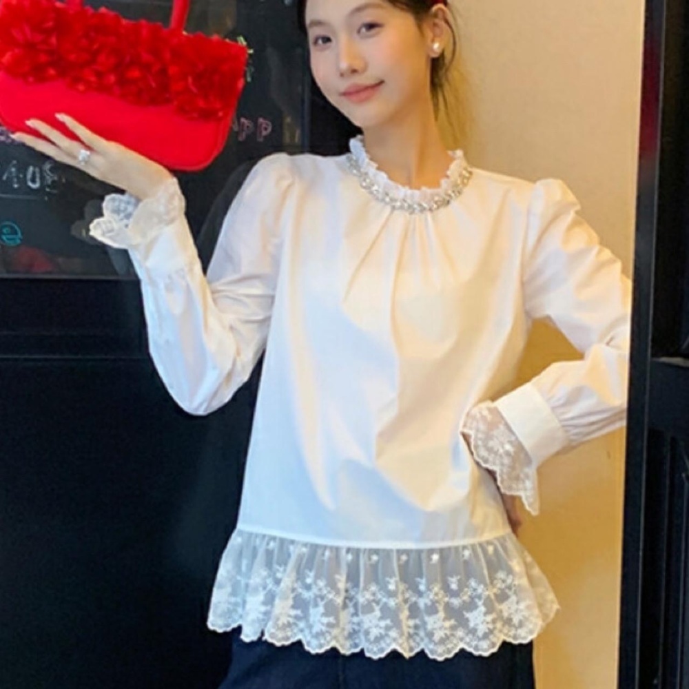 Autumn splice beading tops lace unique shirt for women