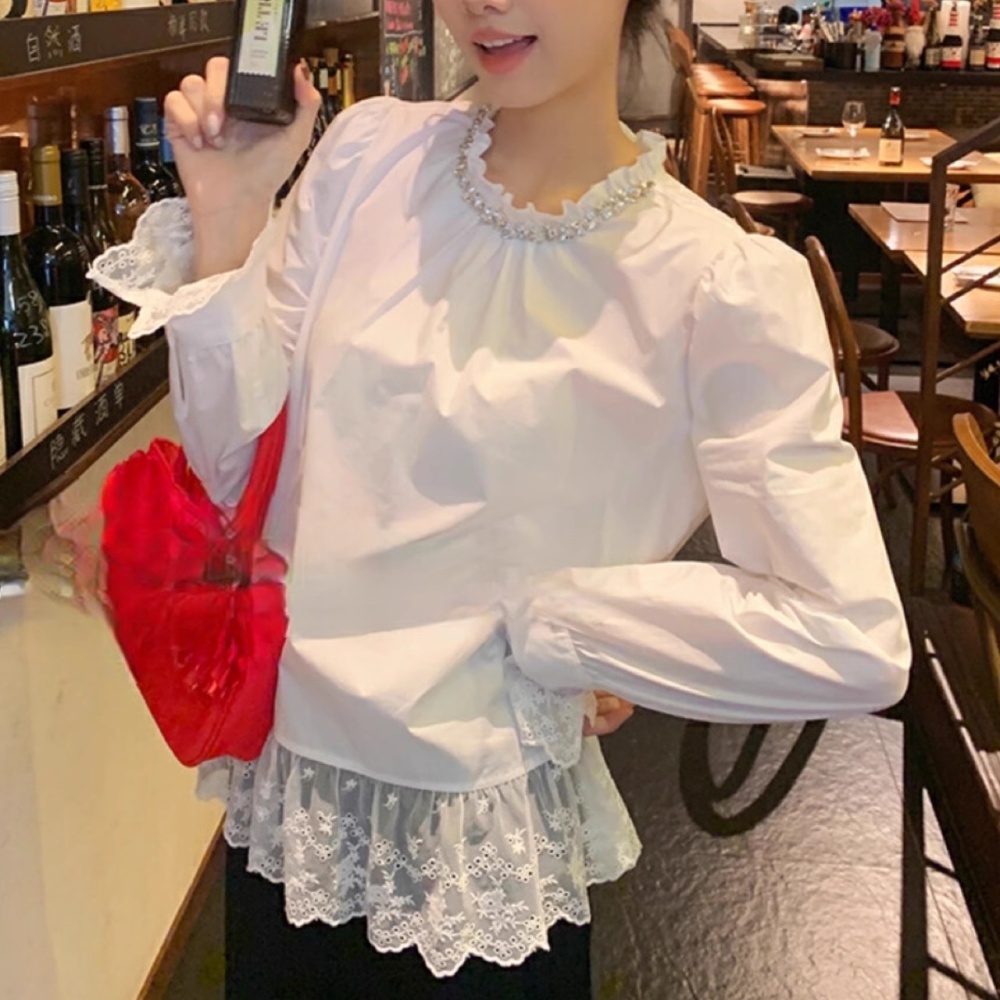 Autumn splice beading tops lace unique shirt for women