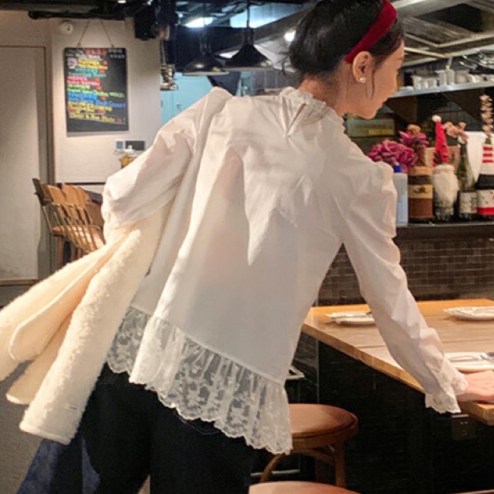 Autumn splice beading tops lace unique shirt for women