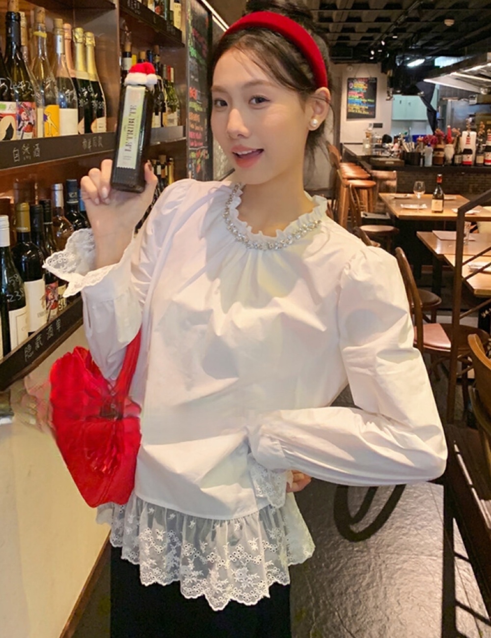 Autumn splice beading tops lace unique shirt for women