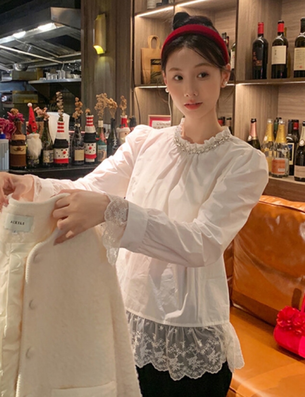Autumn splice beading tops lace unique shirt for women