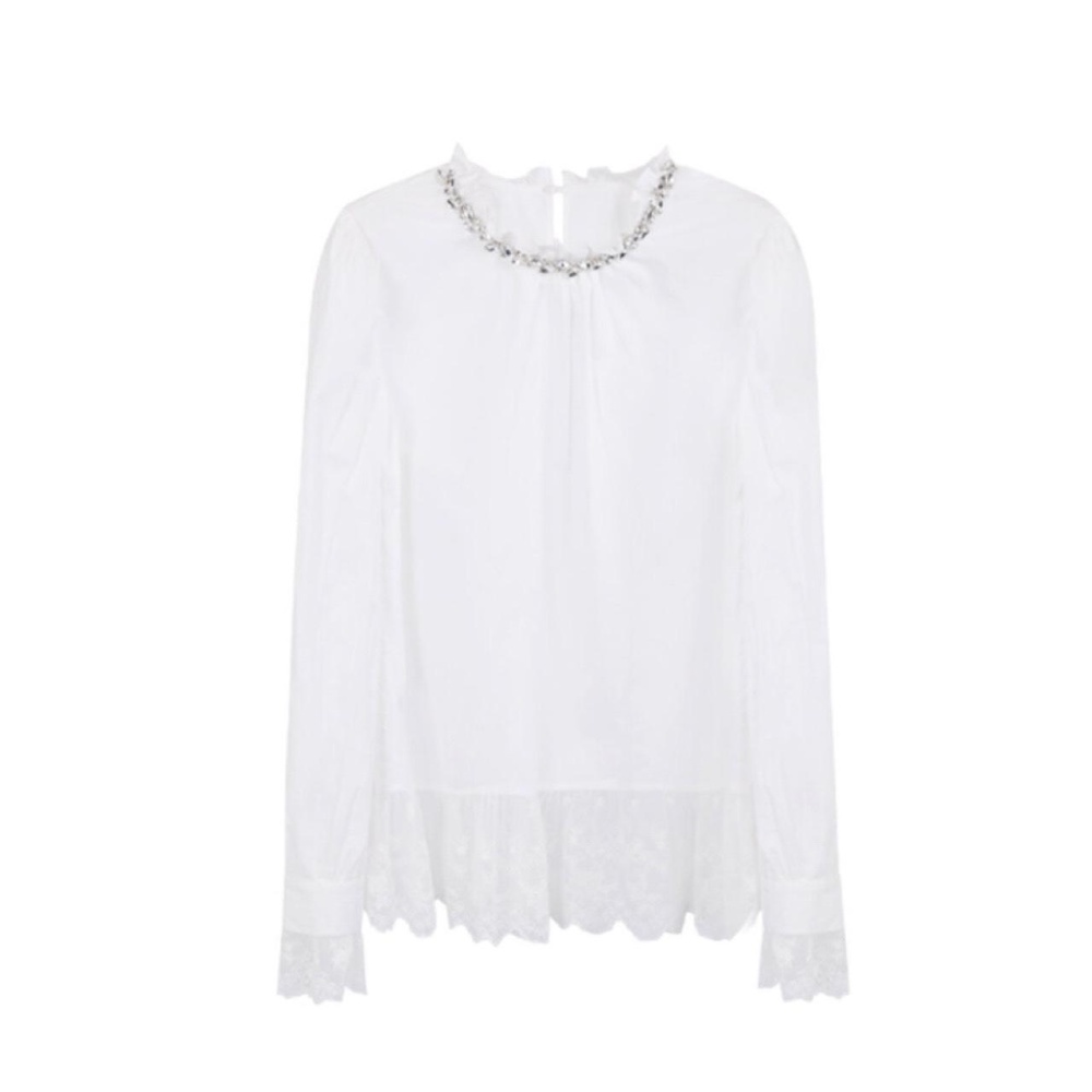 Autumn splice beading tops lace unique shirt for women