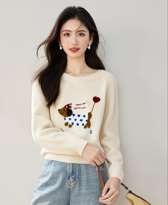 Loose Korean style round neck dog sweater for women