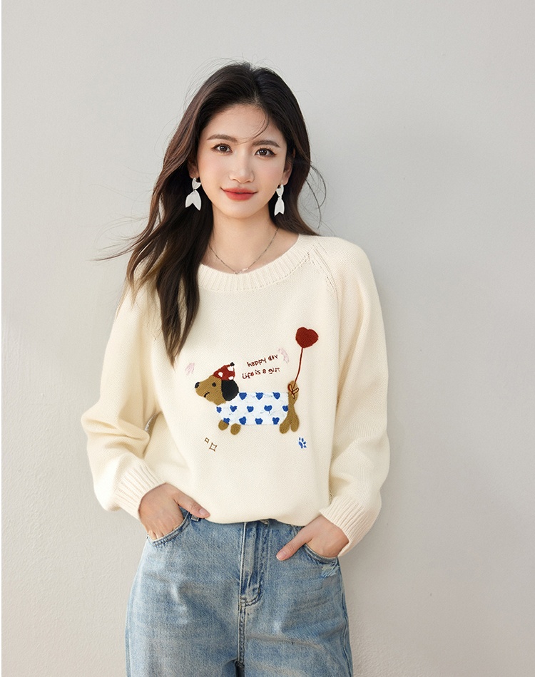 Loose Korean style round neck dog sweater for women