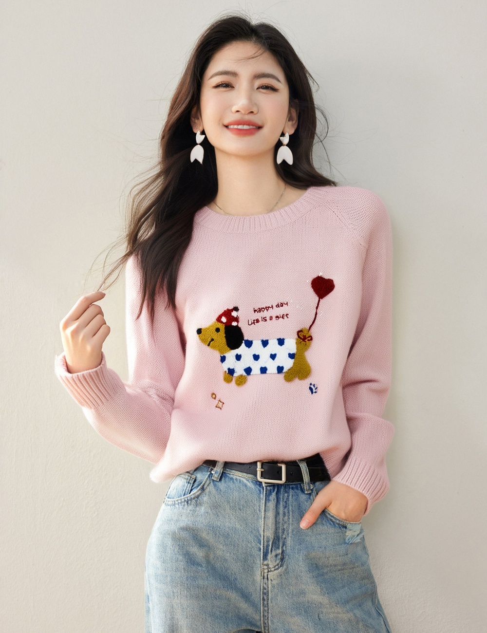 Loose Korean style round neck dog sweater for women