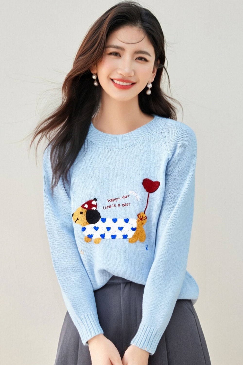 Loose Korean style round neck dog sweater for women