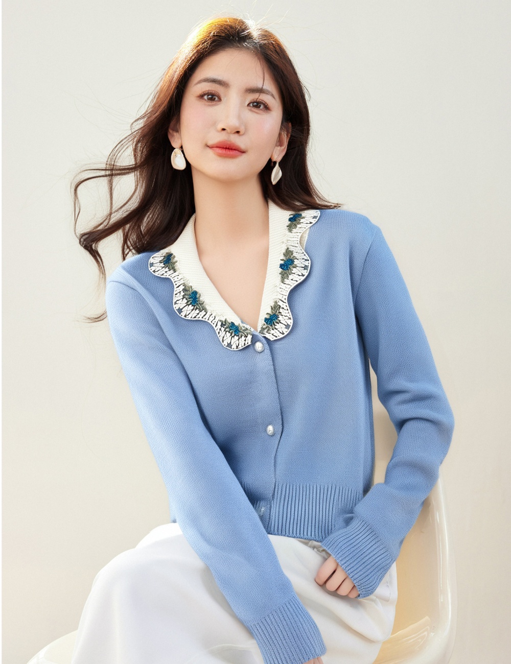 Loose cardigan embroidered flowers tops for women