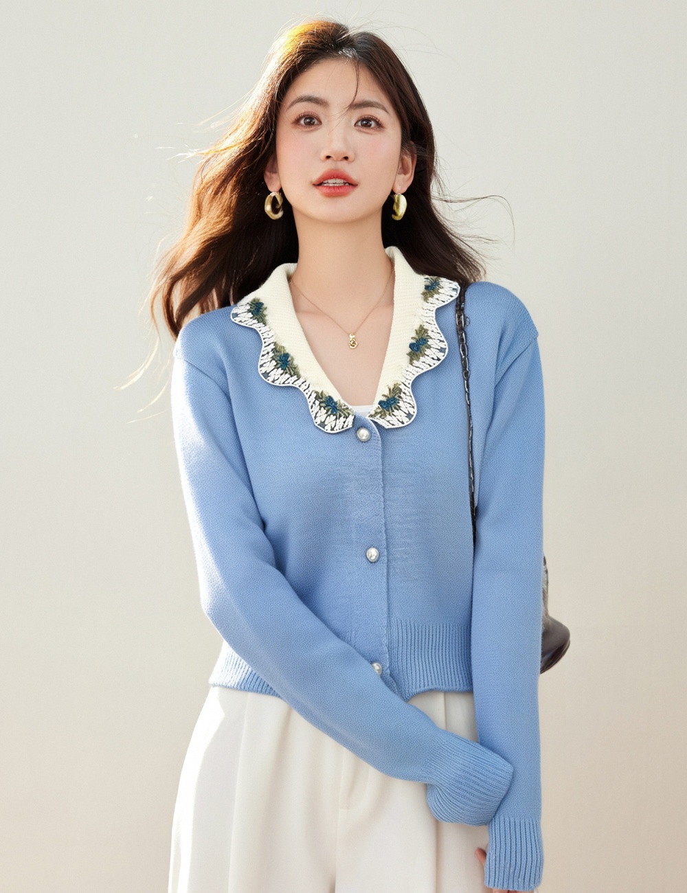Loose cardigan embroidered flowers tops for women