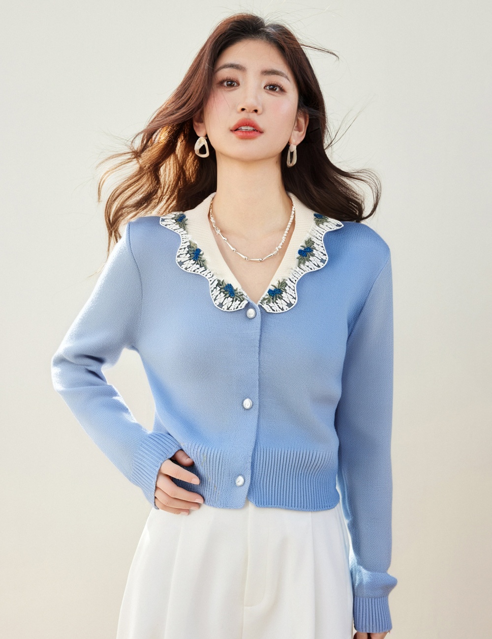 Loose cardigan embroidered flowers tops for women