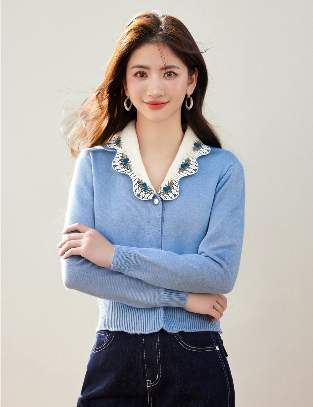 Loose cardigan embroidered flowers tops for women
