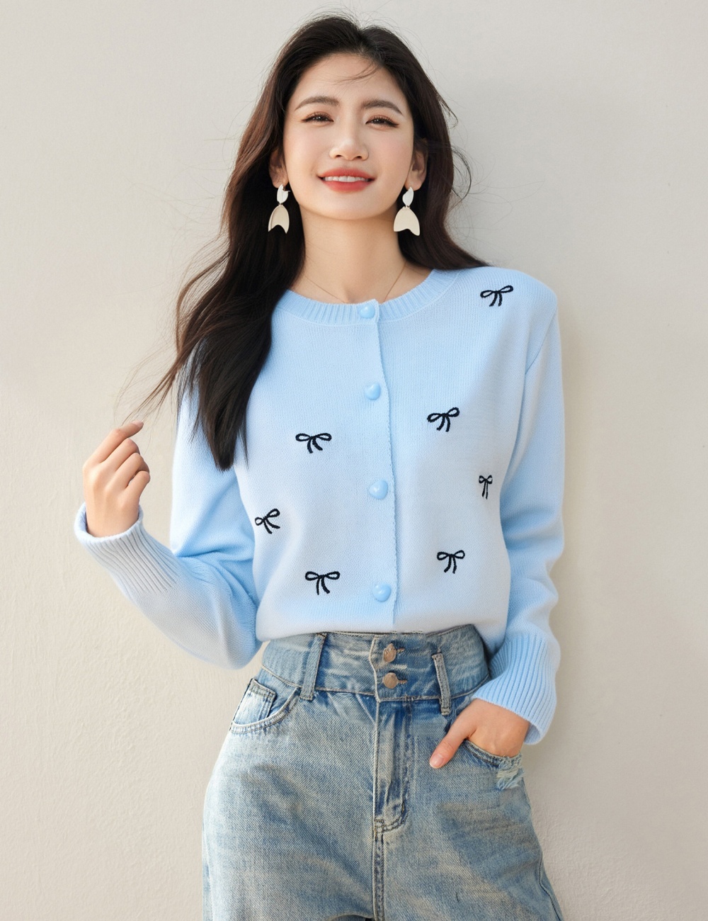 Autumn bow embroidered sweater round neck all-match coat
