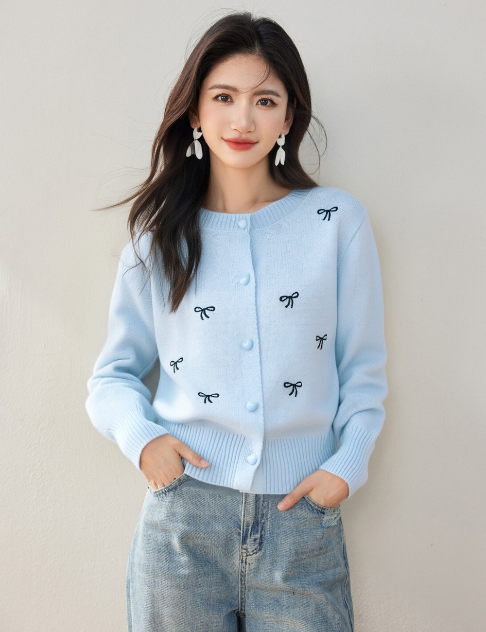 Autumn bow embroidered sweater round neck all-match coat