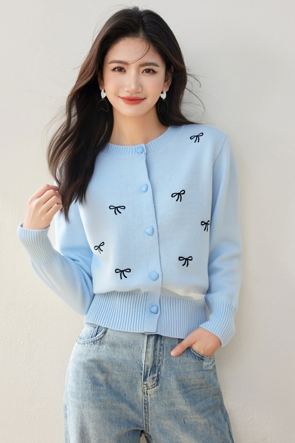 Autumn bow embroidered sweater round neck all-match coat