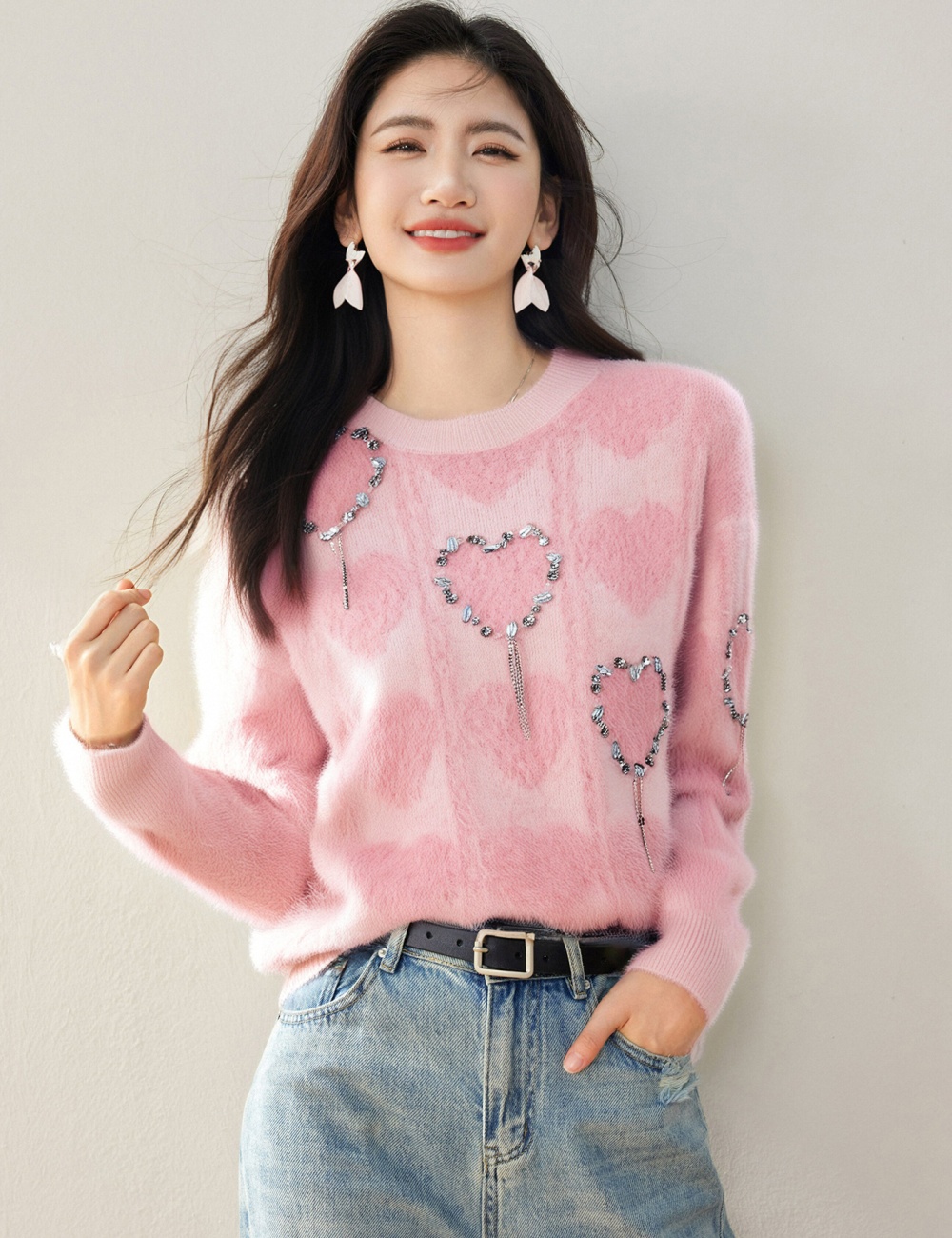 Bottoming heart tops sweet inside the ride sweater for women