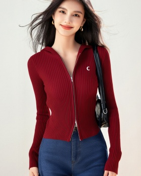 Hooded zip knitted tops pit stripe slim all-match sweater