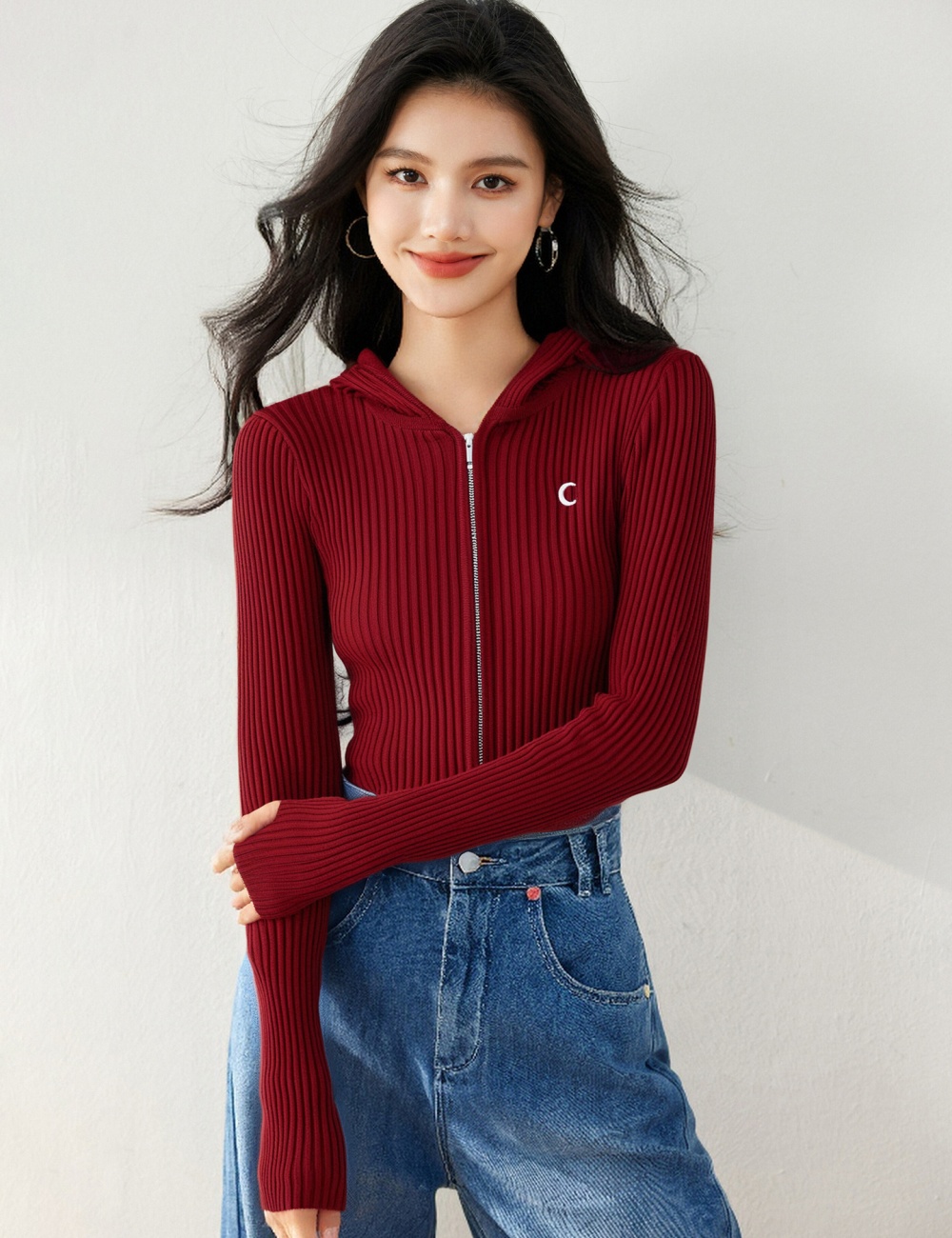 Hooded zip knitted tops pit stripe slim all-match sweater