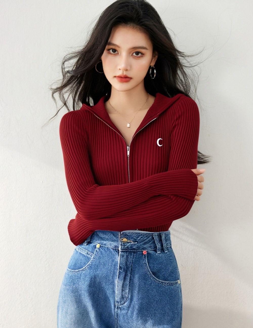 Hooded zip knitted tops pit stripe slim all-match sweater