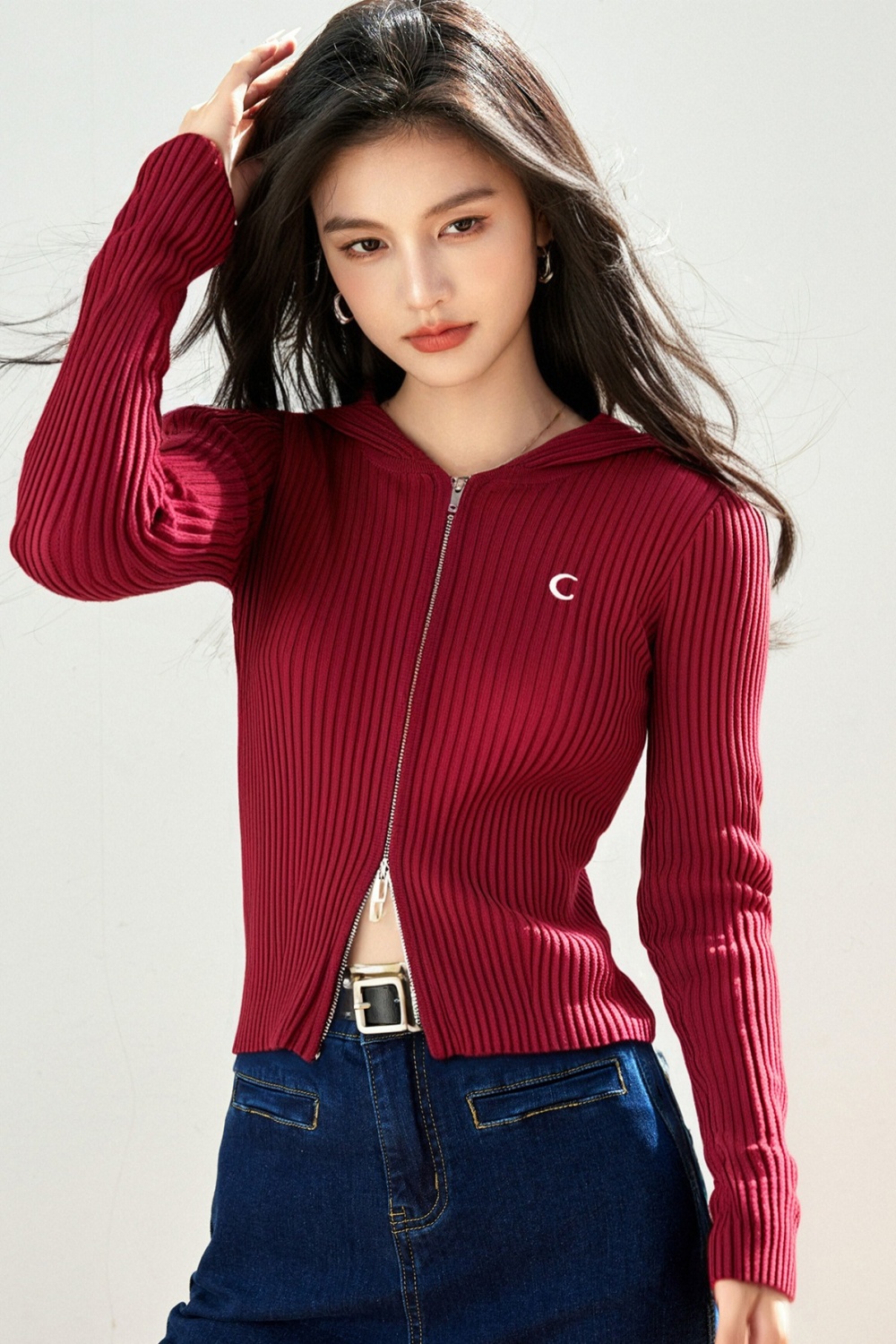 Hooded zip knitted tops pit stripe slim all-match sweater