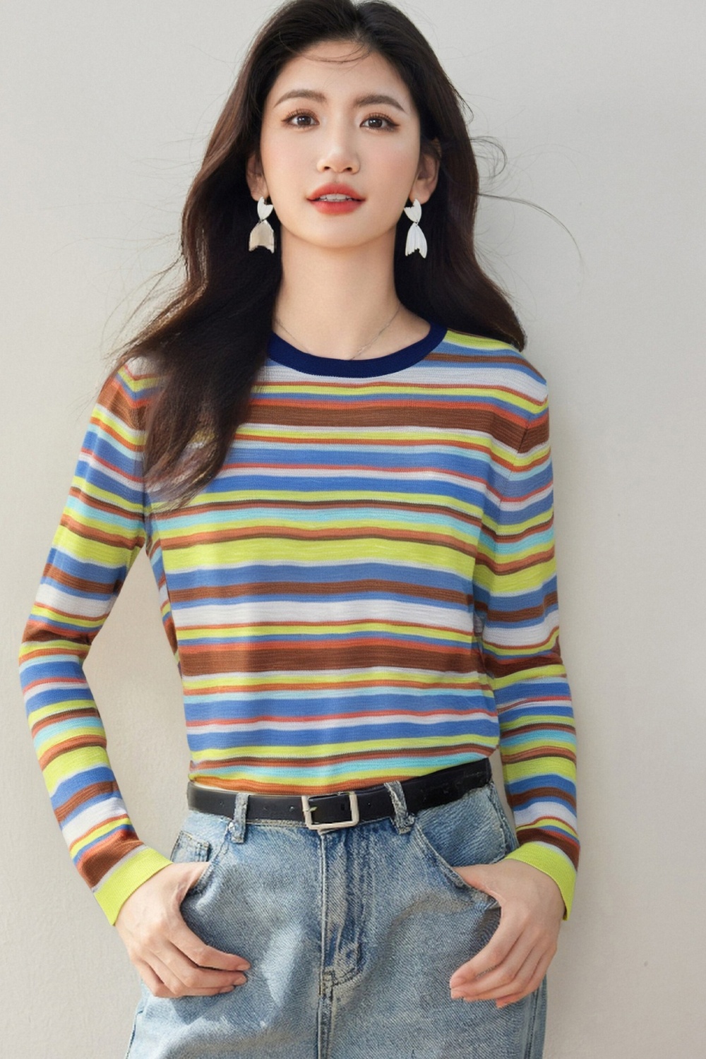 Niche mixed colors loose tops slim long sleeve shirts for women