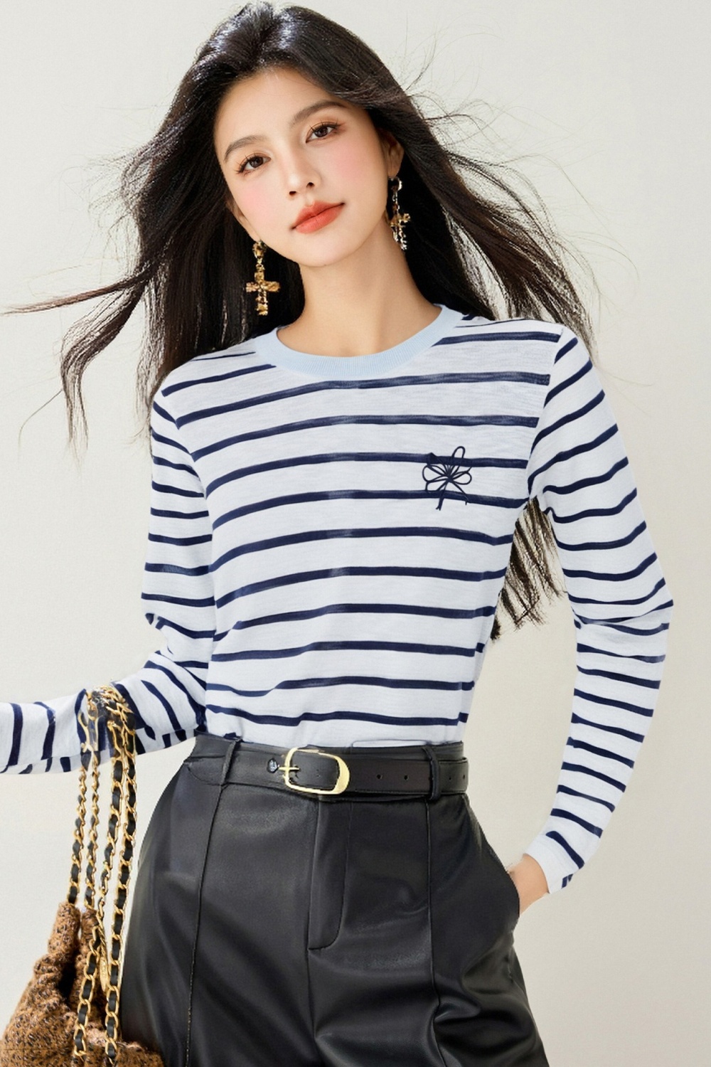 Korean style stripe tops all-match bottoming shirt