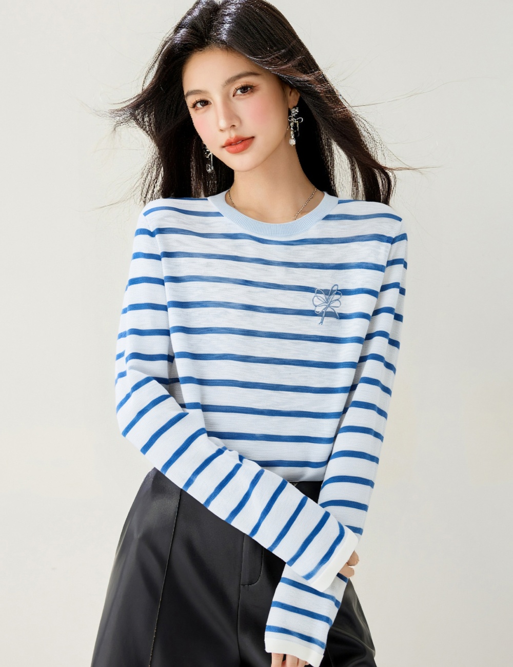 Korean style stripe tops all-match bottoming shirt