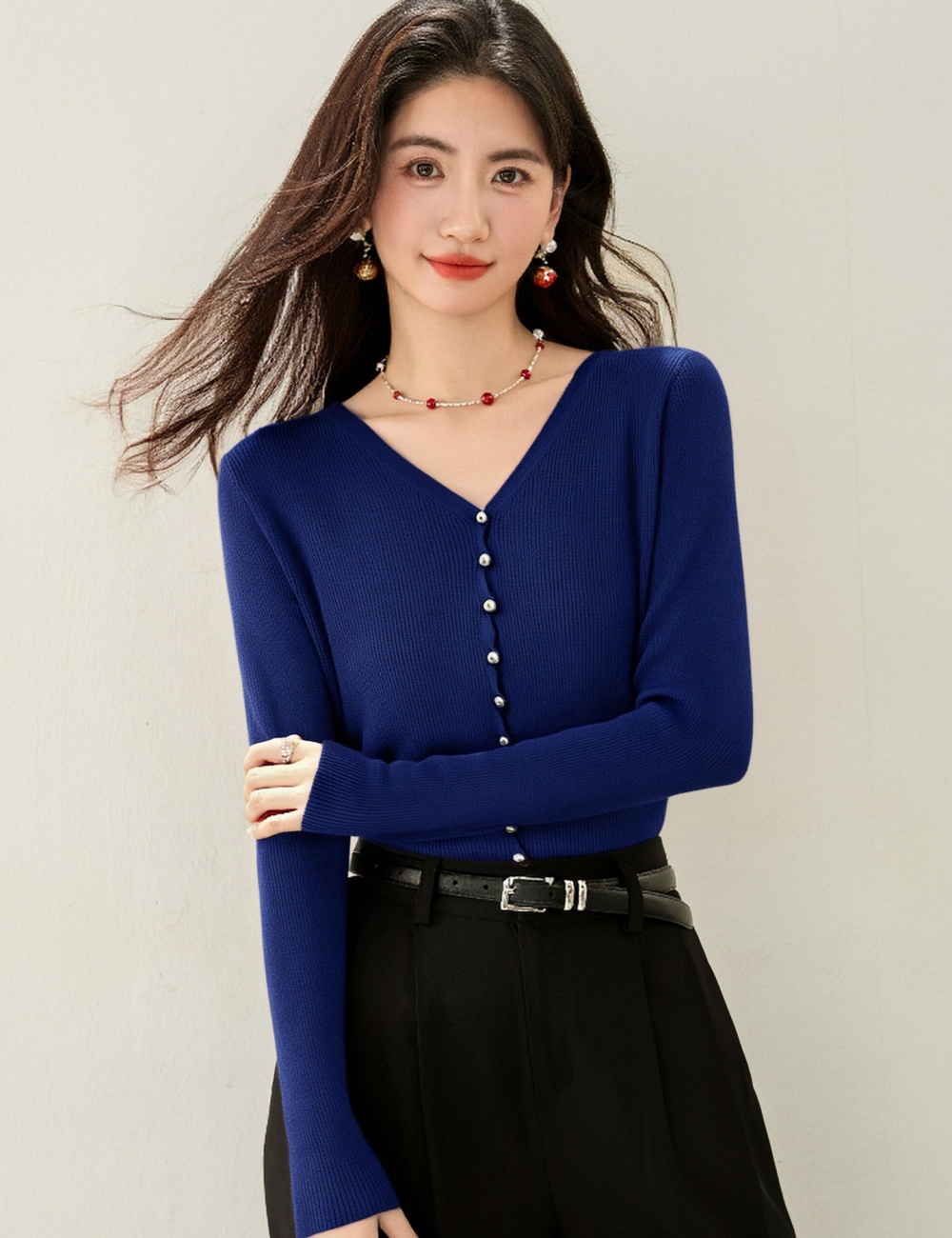 Single-breasted navy-blue tops all-match cardigan for women