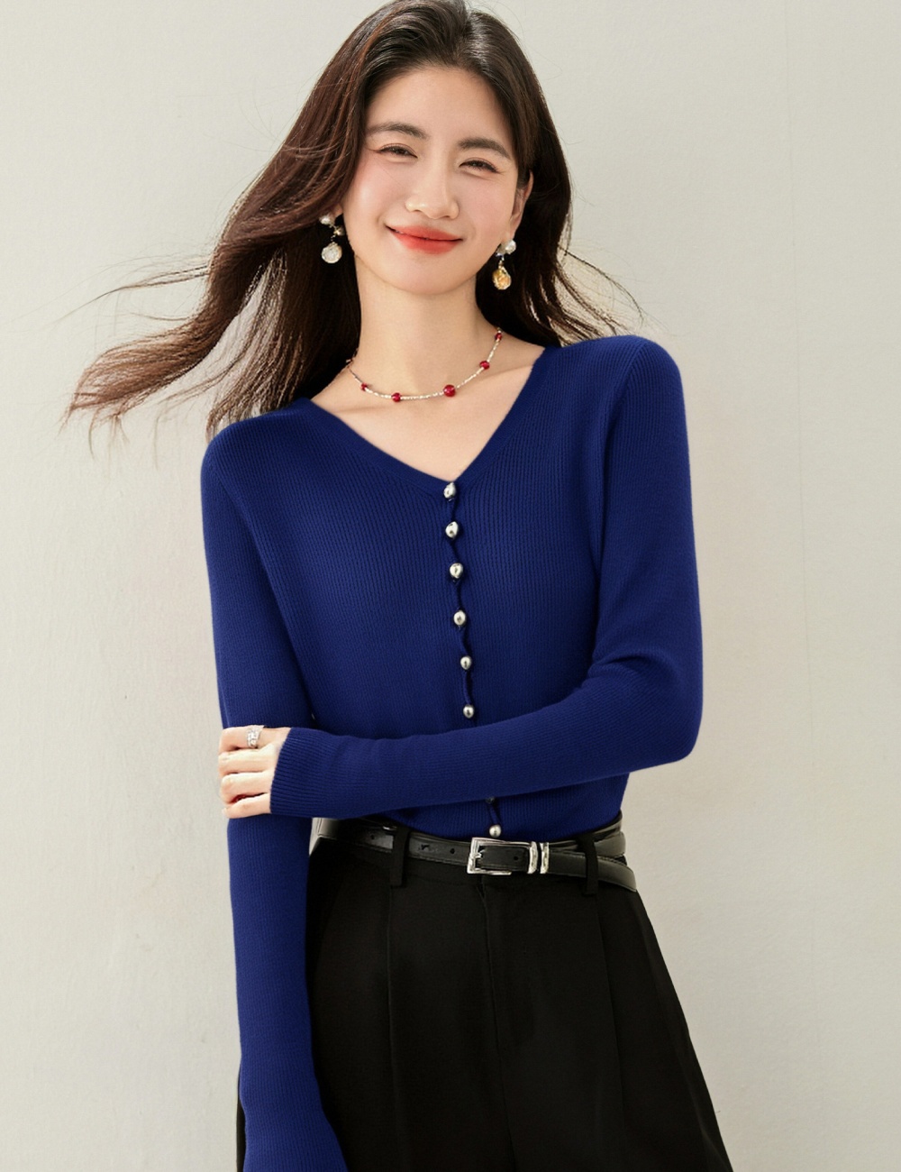 Single-breasted navy-blue tops all-match cardigan for women