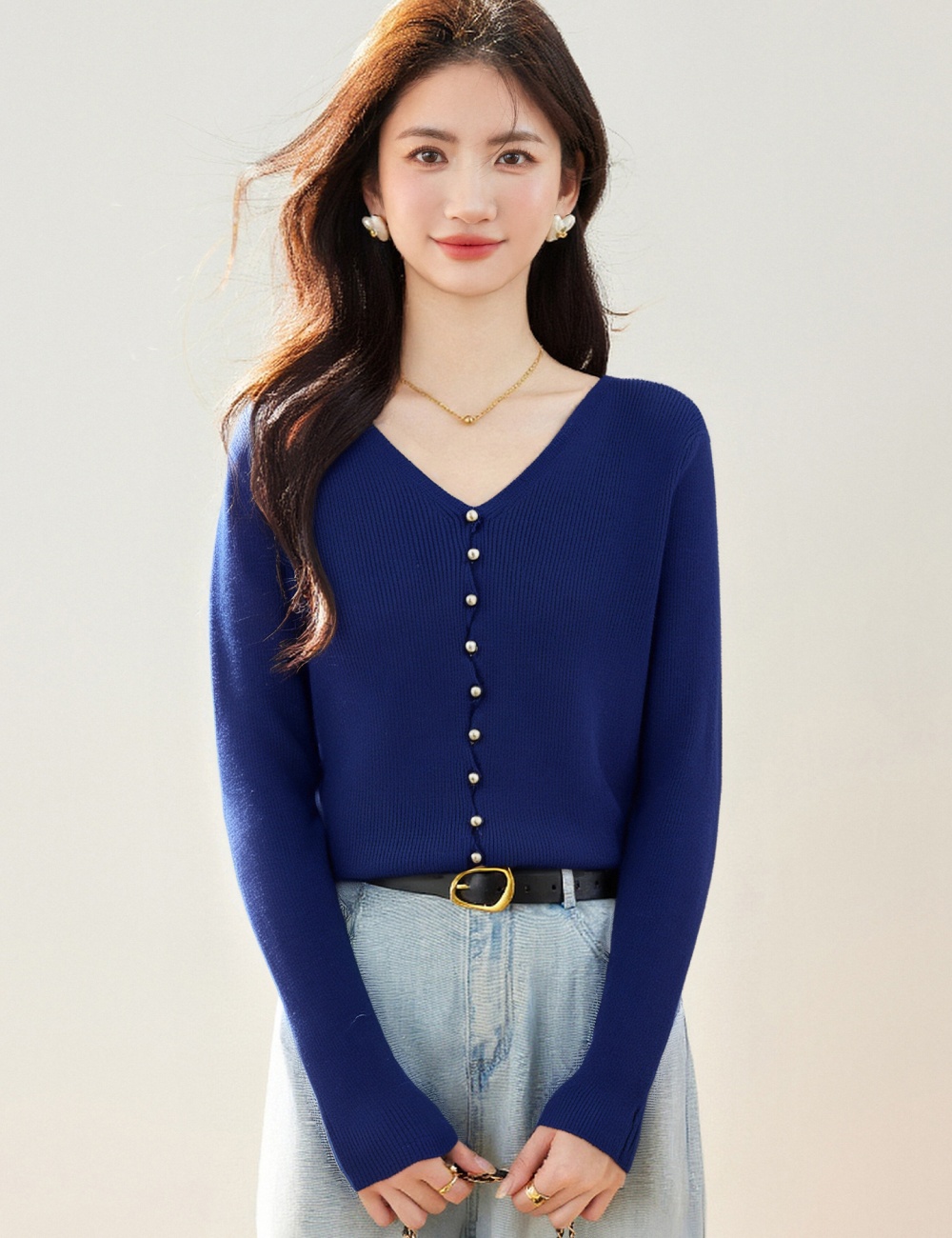 Single-breasted navy-blue tops all-match cardigan for women