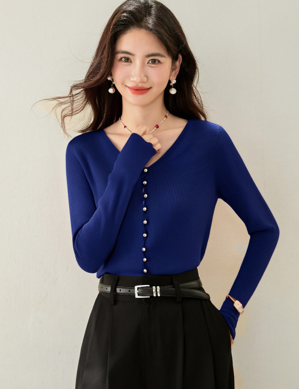 Single-breasted navy-blue tops all-match cardigan for women