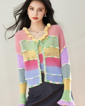 Rainbow knitted sweet tops short mohair cardigan for women