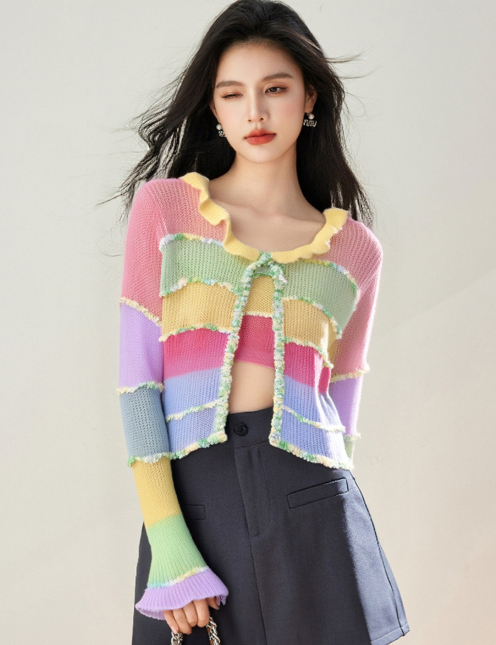 Rainbow knitted sweet tops short mohair cardigan for women