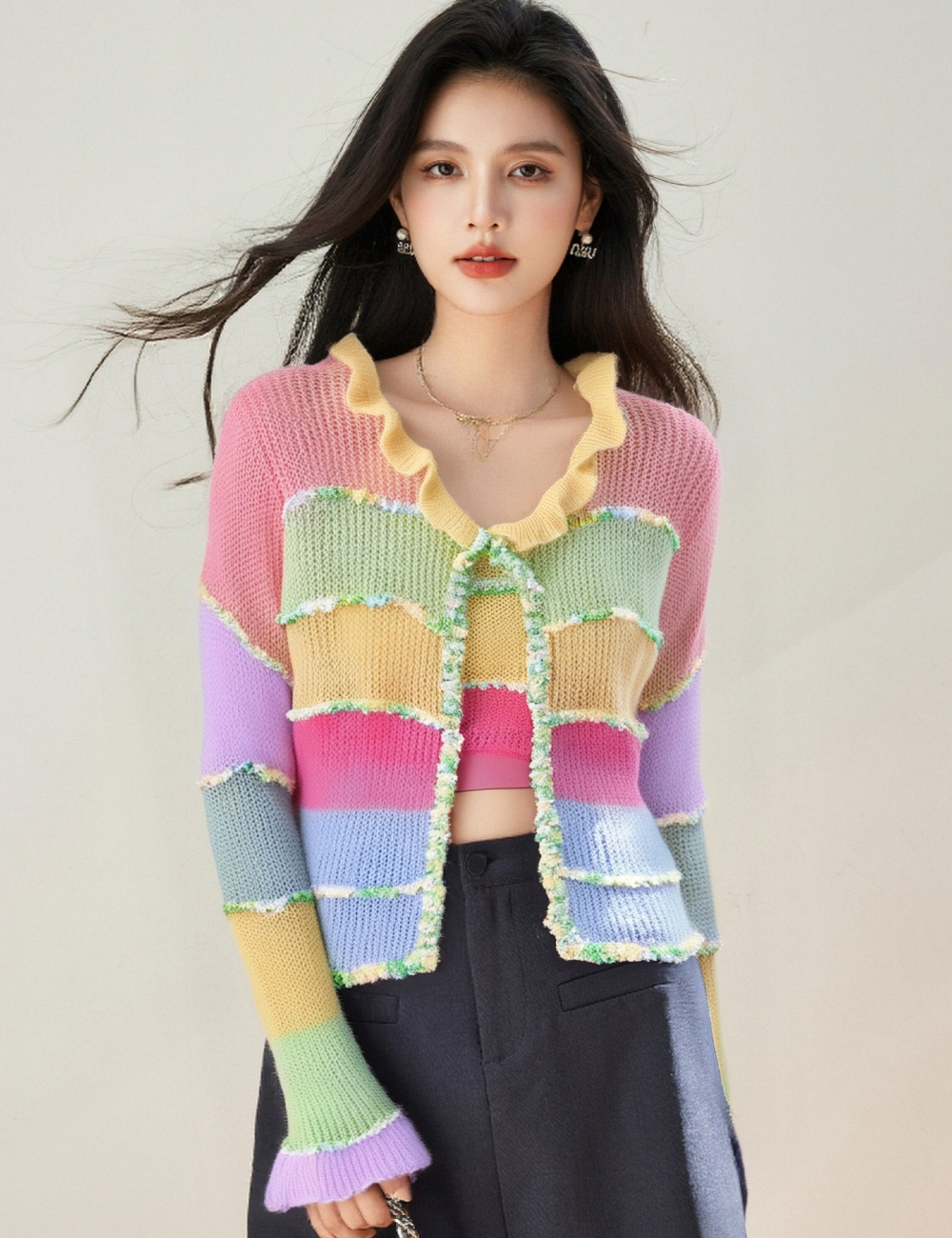 Rainbow knitted sweet tops short mohair cardigan for women
