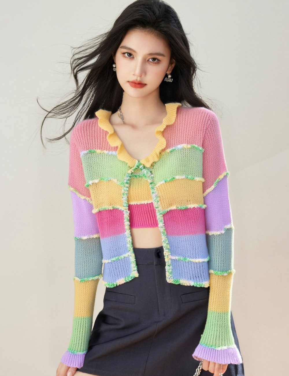 Rainbow knitted sweet tops short mohair cardigan for women