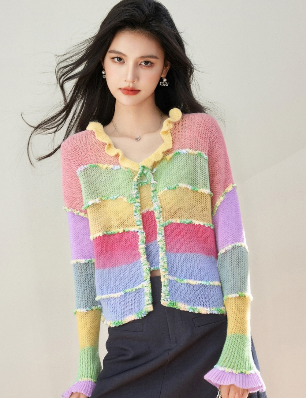 Rainbow knitted sweet tops short mohair cardigan for women