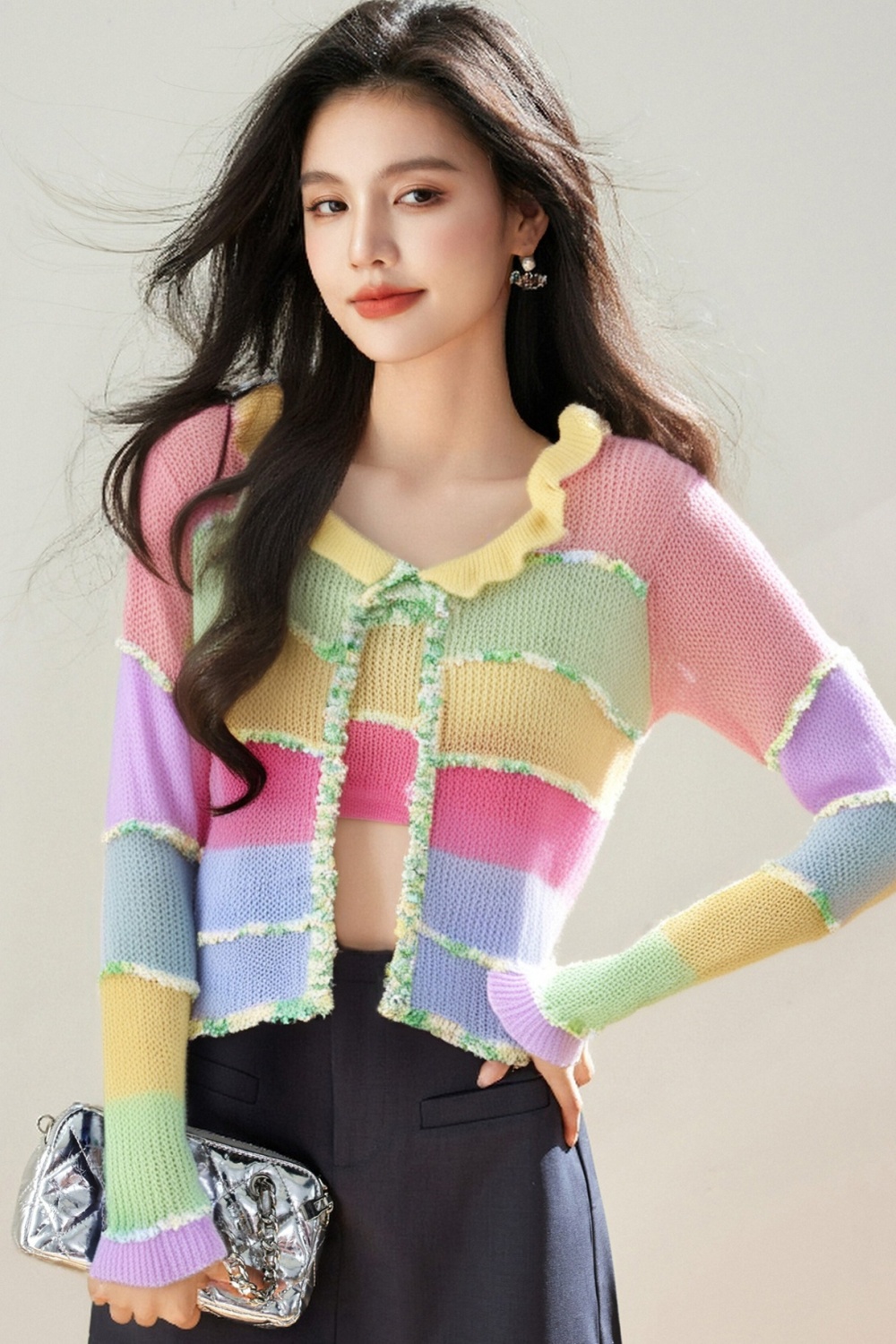 Rainbow knitted sweet tops short mohair cardigan for women