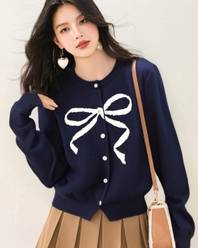 Bow knitted show young sweater printing round neck cardigan