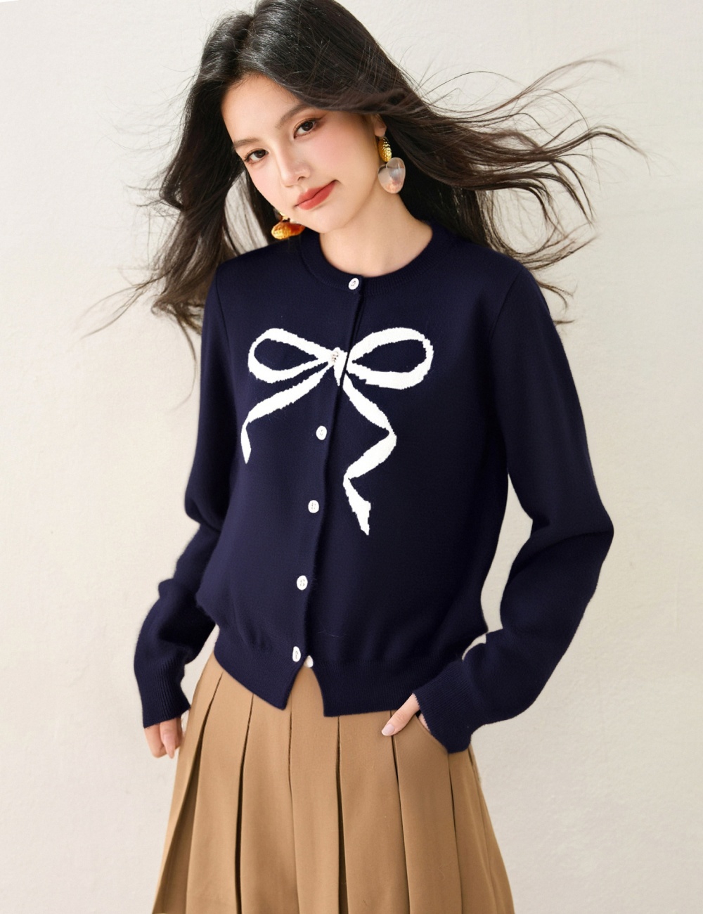 Bow knitted show young sweater printing round neck cardigan