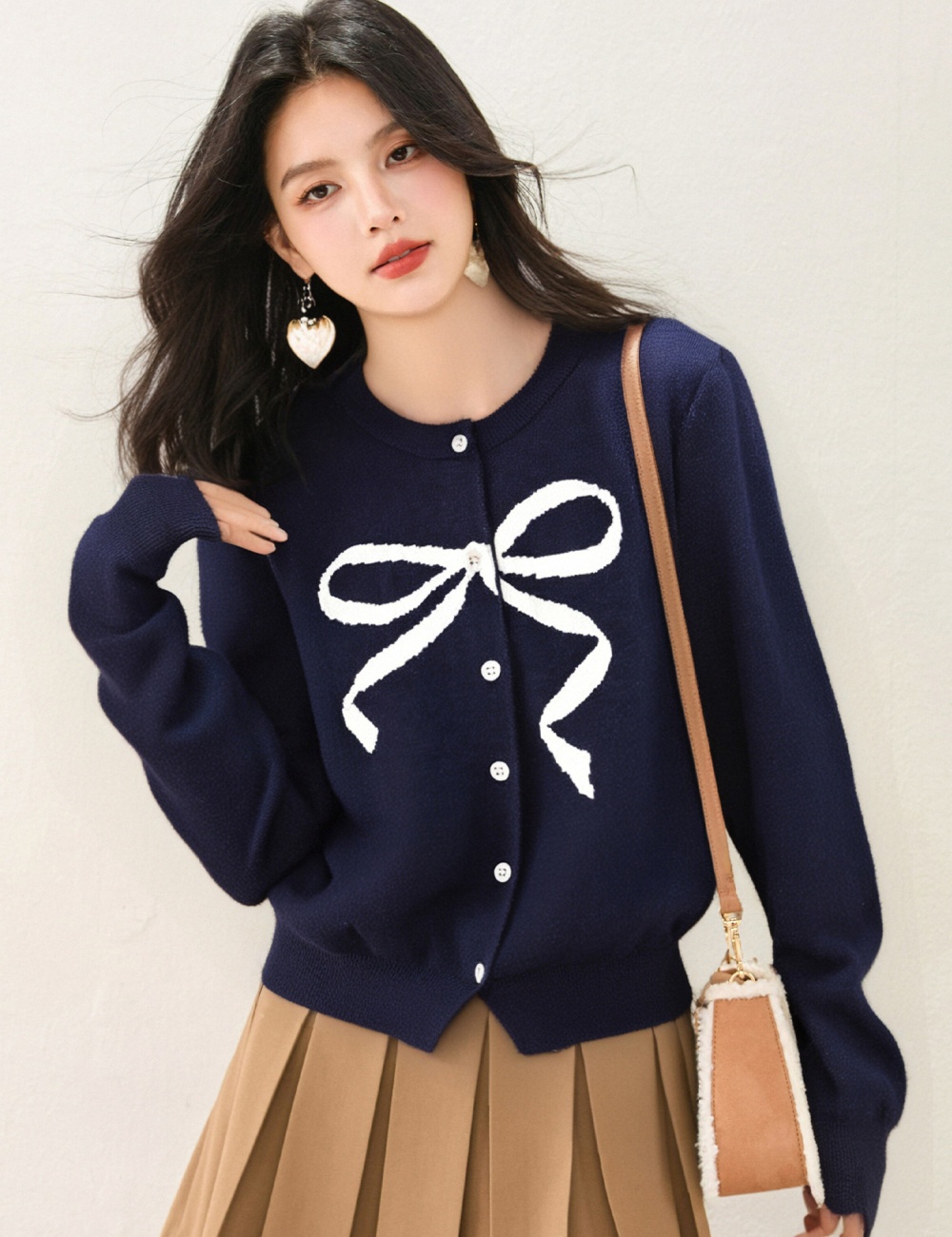 Bow knitted show young sweater printing round neck cardigan