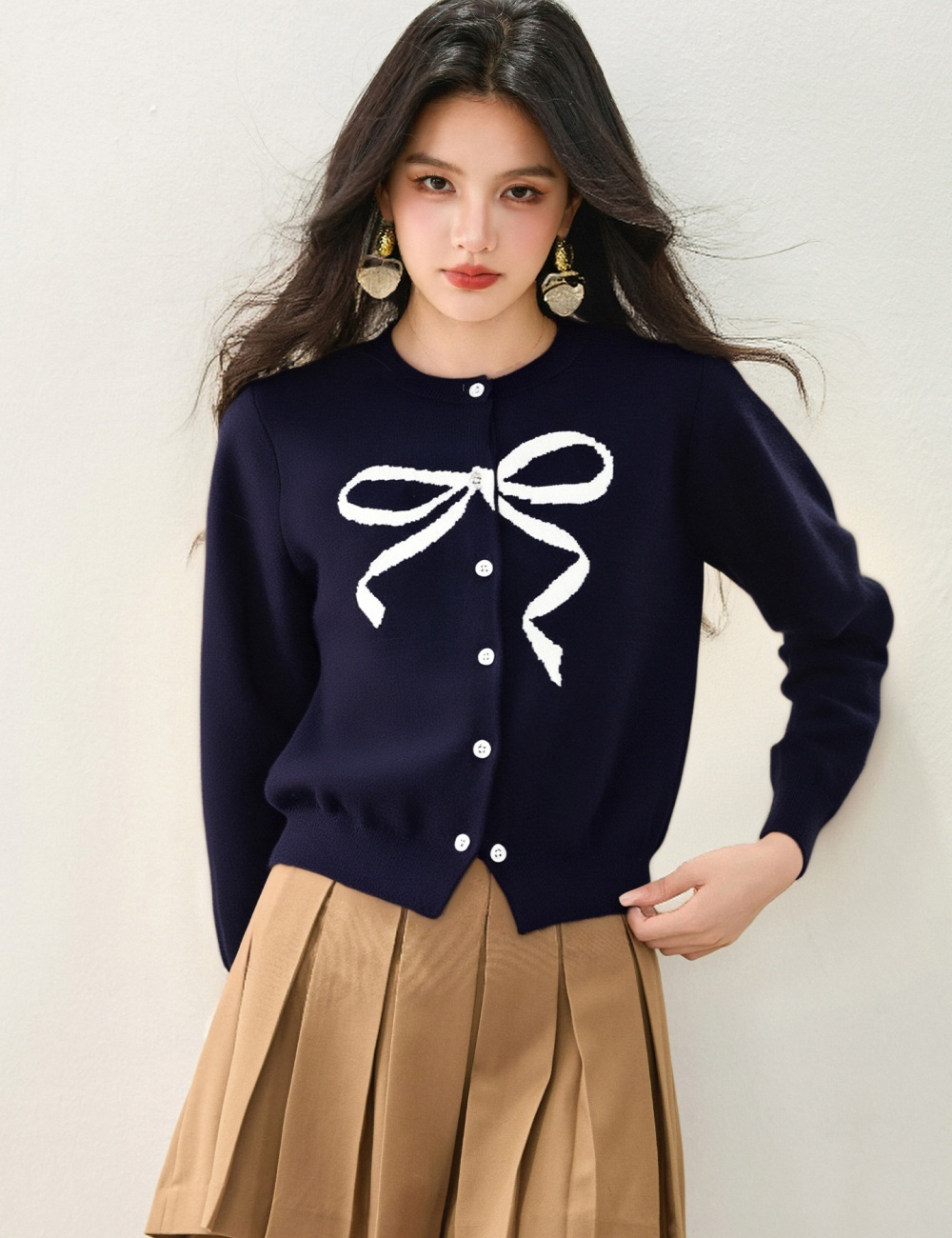 Bow knitted show young sweater printing round neck cardigan