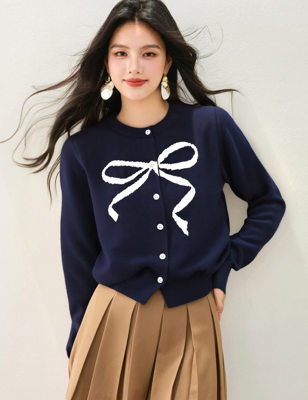 Bow knitted show young sweater printing round neck cardigan