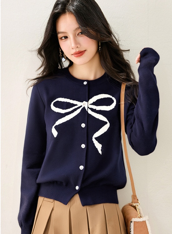 Bow knitted show young sweater printing round neck cardigan