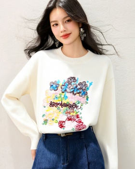 Wool tops embroidered flowers sweater for women