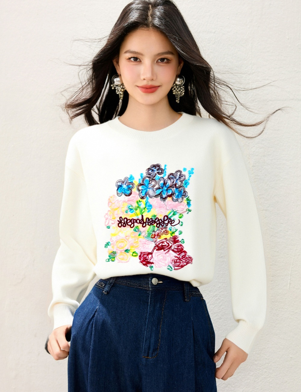 Wool tops embroidered flowers sweater for women
