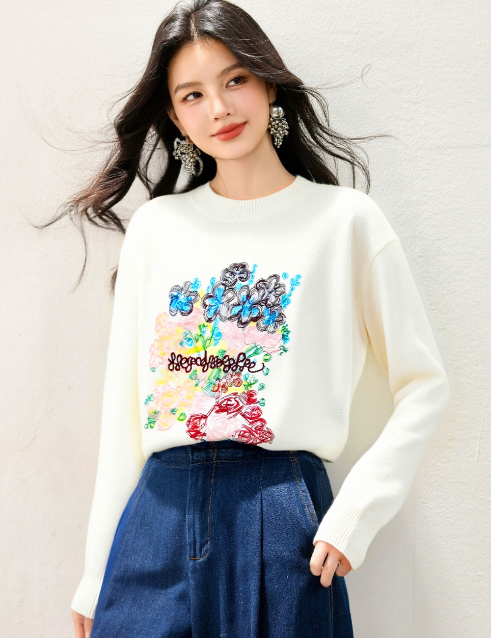 Wool tops embroidered flowers sweater for women